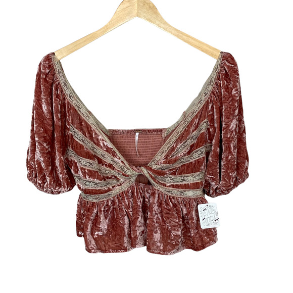 Free People Yours Truly Cropped Velvet Lace Trim Low Cut Top Size Medium - Picture 7 of 13